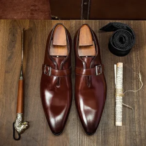 Dress Shoe Men Men’s Formal Genuine Leather Shoes Men’s Solid Autumn Business Casual Penny Loafers Pointed Toe Buckle Strap