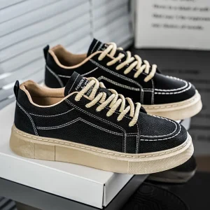 Durable Men’s Fashion Sneakers Black Leather Look Comfort Thick Sole Bold Stitch Lace up Skate Footwear