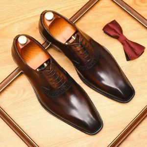 Elegant Full-Grain Leather Men’s Formal Oxford Shoes Lace-Up British Vintage Antique Cap Toe Glue Bonded Patina Dress Footwear