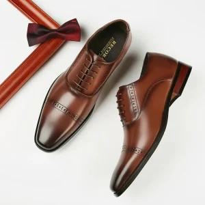 Elegant Men’s Genuine Leather Shoe Lace up Three joint British Carved Business Wedding Shoes