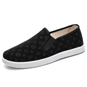 Ethnic Style Embroidered Round Head Old Beijing Cloth Canvas Shoes PVC Outsole Summer Breathable Slip-On Men’s Shoes