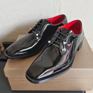 European-style Square Head Lace-Up Red-Sole Patent Leather Derby Shoes with Height Increase-Trendy Men’s Dress Footwear