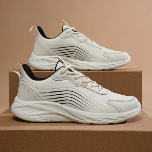 Factory Design Men’s Sporty Chunky Sneakers PU Leather Mesh Thick Bottom White Breathable Spring Walking Shoes