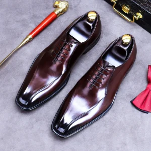 Fashion Men’s Casual Dress Shoes Men Flat Business Comfortable Pointed Toe Lace up Shoes Male Wedding Genuine Leather Shoes
