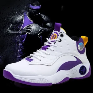 Fashion Men’s High Ankle Basketball Sneakers Shock Midsole Non Slip Rubber Sole Leather Court Competition Sports Trainers