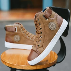 Fashion Trendy High Top Casual Sport Shoes Leather Boots Comfort Breathable Men’s Canvas Sneakers