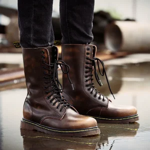 Fashionable Casual Leather Boots for Men PU Upper Rubber Sole Laces High Top Summer Couple Style