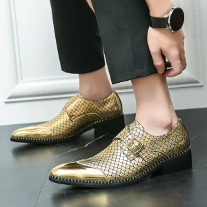 Fish scale Pattern Shiny Pointed Leather Low Top Slip On Formal Business Derby Shoes Men’s Wedding Banquet In Stock 7 Day Sample