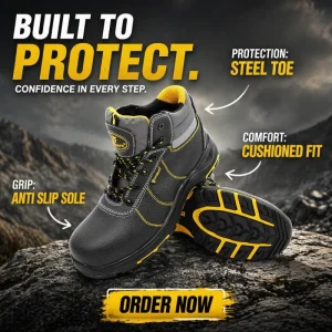 For Unisex Comfortable Industrial Safety Shoes with Steel Toe Black Embossed Cow Leather Upper Anti-Slip Breathable Lining