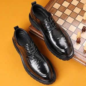 Formal Men’s Embroidered Pointed Toe Leather Loafers Lightweight Office Business Shoes EVA Midsole Rubber Outsole Black