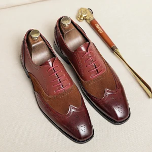 Formal Shoes Men’s Lace up Leather Splicing Pointed Carved Brock Non-slip Breathable Office Wedding Dress Shoes