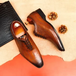 Full Grain Leather Men’s Wedding Oxford Lace-Up Brown Pointed Toe Comfortable Compound Sole