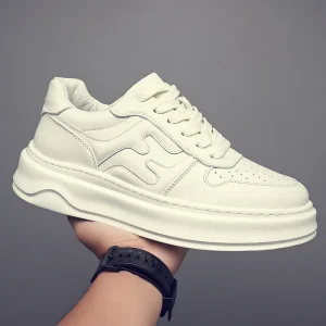 Full-Grain Leather White Men’s Lace-Up Lightweight Breathable Thick-Soled Casual Sneakers Versatile Trendy Cow Leather Shoes