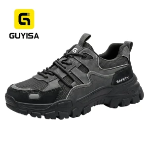 GUYISA Steel Toe Safety Shoes Anti Smash Anti Puncture Microfiber Flyknit Upper MD Sole Slip Resistant Construction Boots