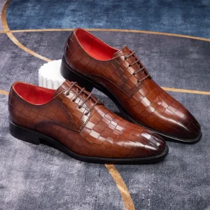 Genuine Crocodile Leather Derby Dress Shoes for Men Plaid Formal Wedding Office Classic Patina