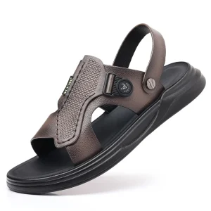 Genuine Sheepskin Men’s Summer Outdoor Sporty Striped Buckle Strap Sandals Breathable Casual Beach Shoes Rubber Insole Leather