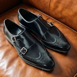 Goodyear Handcrafted Men’s Shoes Double Buckle Brogue Carved Burgundy Gradient Imported Cowhide Leather Soles
