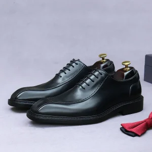 Groom’s Wedding Men’s Genuine Leather Lace-Up Pointed Toe Business Casual Shoes British Fashion Solid Secret Text 37-46