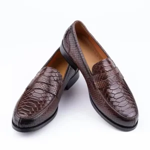 Handcrafted Custom Business Shoes Snake Pattern Leather Slip on Penny Loafer Pointed Toe Breathable for Spring Summer Weddings