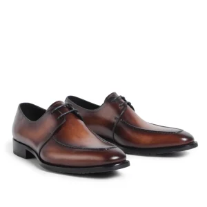 Handcrafted Men’s Derby Shoes Vintage Moccasin Stitch Apron Toe Burnished Genuine Leather Dress Shoes for Gentleman