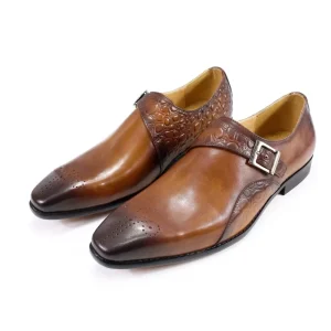 Handmade Genuine Leather Monk Strap Shoes for Men Block Carved Cowhide Men Dress Shoes Oxfords Men Formal Shoes