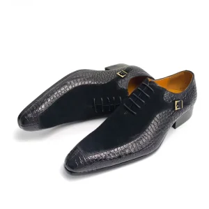 Handmade Men’s Oxford Dress Shoes Business Formal Pointed Printed Cow Suede First Layer Cowhide Patchwork Office Wedding Lace