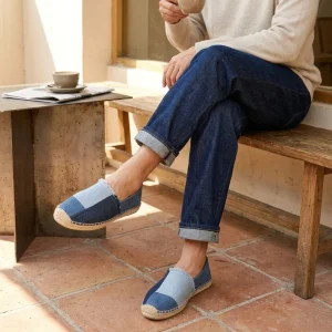 Handmade Men’s Patchwork Denim Espadrilles Frayed Edge Cowboy Summer Loafers Retro Casual Slip On Walking Shoes Soft Flat Shoes