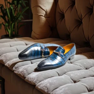 High Quality Cowhide Print Men’s Retro Dress Shoes Oxfords Slip On Pointed Toe Wedding Party Business Shoes Metal Buckle for