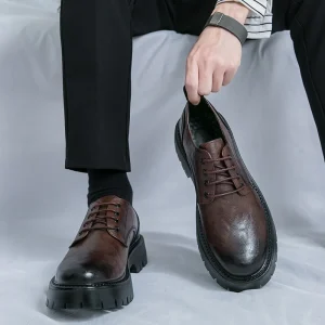 High Quality Men’s Derby Dress Shoes with Thick Sole Toe Lace up Closure Classic Height Increasing PU Leather for Spring Summer