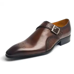 High Quality Men’s Pointed Toe Monk Strap Genuine Leather Business Loafers British Style Formal Dress