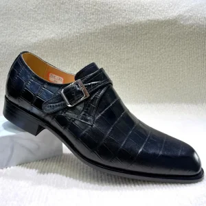 High Quality Plaid Genuine Leather Men’s Monk Strap Shoes Buckle Business Dress Shoes Men’s Pointed Toes for Wedding Banquet