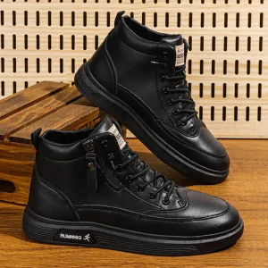 High Top Men’s Spring Summer Casual Fashion Sneakers Waterproof Black Medium Top Mocerins Comfortable Walking Style Shoes