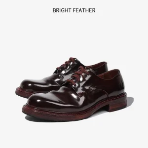 Horsehide Lace up Round Toe Derby Shoes Men’s Goodyear Italian Handmade Retro Distressed Business Office Summer Casual