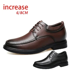 Invisible Height Increase 8cm Men’s Business Dress Lace up Cow Leather Breathable Comfortable Soft Bottom Work Shoes