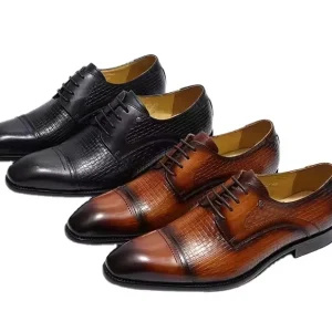 Italian Genuine Leather Brown Oxfords Men’s Classic Pointed Lace-Up Dress Shoes Anti-Slip Anti-Wearing Rubber Outsole Winter
