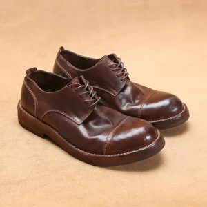 Italian Handmade Lace Up Leather Shoes Men Goodyear Horsehide Breathable Solid Office Soft Vintage Derby Leather Soles Summer