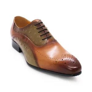 Italian Oxford Pointed Ostrich Pattern Green Brown Men’s Formal Leather Shoes for Business Dress