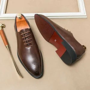 Italian Style Men’s Flat Wedding Shoes Spring Rubber Bottom Genuine Leather Oxford Brogue Detail Pointed Toe Formal Classic
