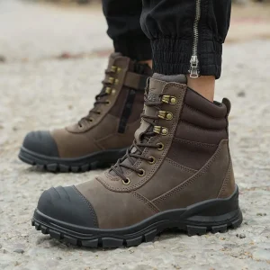 L605-4 Men’s Brown Crazy Horse Side Zipper Safety Boots High Cut Industrial Puncture-proof Steel Toe Safety Boots for Mining