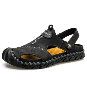 Large Size Mens Sandals Beach Sandals for Men Breathable Casual Hollow Leather Sandals Cowhide Mens Shoes