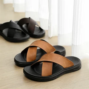 Lazy Instagram style Men’s Slippers Comfortable Casual Soft Sole Outdoor Leather Cross strap Slide Sandals Breathable