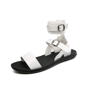 Leather Men Sandals Roman Gladiator Italy Design Buckle White Shoes Custom Logo
