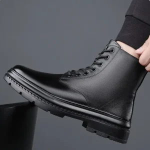Leather Men’s High Top Boots, Trendy Men’s Autumn Workwear, Thick Soled Leather Boots