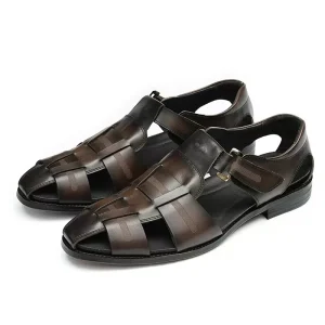 Light Retro style Woven Cowhide Roman Sandals Men’s Leather Hiking Sandals Round Toe Soft Leather Business Shoes