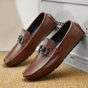 Lightweight Men’s Genuine Leather Loafers Slip-on Business Office Shoes with Mesh Midsole Rubber Outsole & Slip Resistant