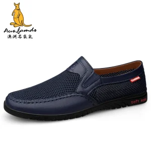 Lightweight Men’s Pigskin Leather Casual Sport Running Shoes Kangaroo Logo Slip On Lace Up Summer Walking Breathable Mesh