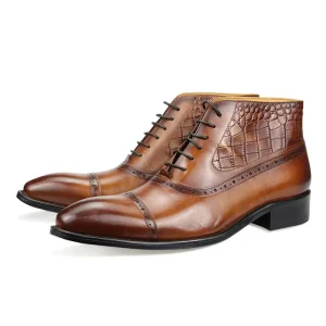 Luxury Elegant Genuine Leather Men’s Chelsea Boots Classic Office Formal Dress Shoes Lace-up Retro Print Ankle Boots Pointed Toe