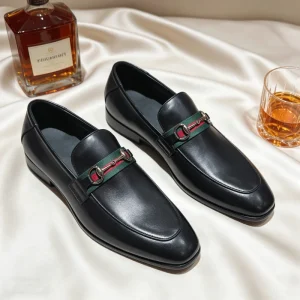 Luxury Men’s Black Leather Web & Horsebit Loafers Handmade Formal Leather Dress Shoes Men’s Slip-On Breathable Comfort
