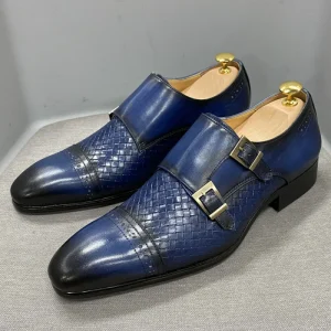 Luxury Men’s Business Casual Shoes Double Button Monk Shoes Top Layer Genuine Leather Pointed Men’s Mengke Shoes
