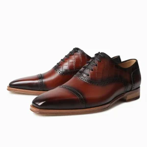 Luxury Men’s Cognac Patina Oxford Shoes Handmade Crocodile Embossed Cap Toe Brogues Genuine Leather Elite Dress Shoes